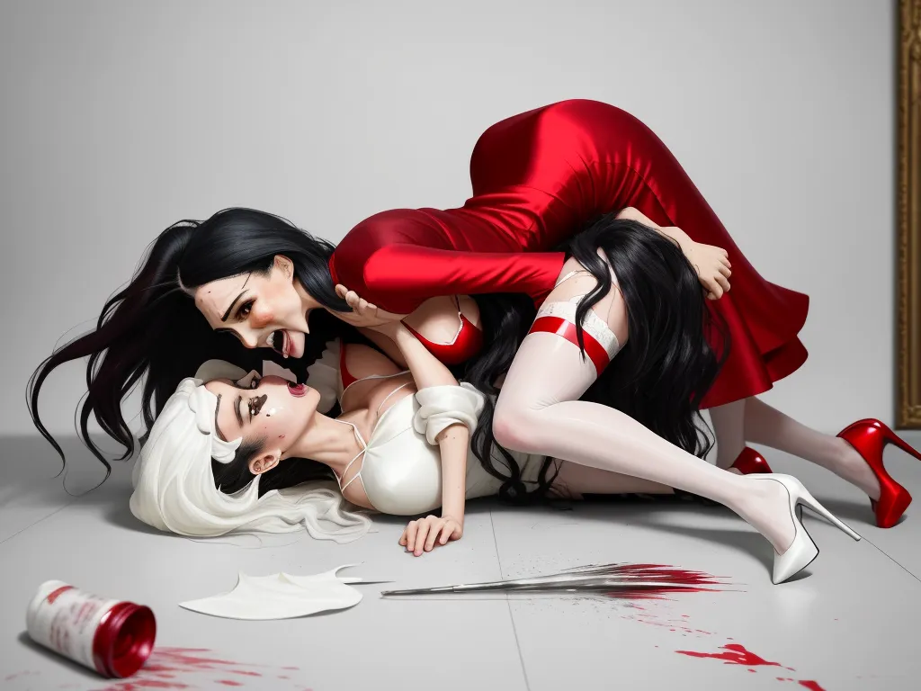 ai image app - a couple of women laying on top of each other on a floor next to a knife and a mirror, by Tara McPherson