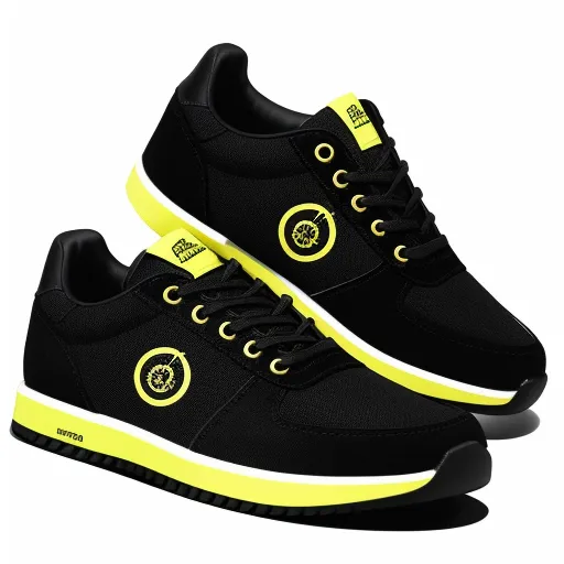a pair of black and yellow shoes with yellow accents on the soles of the shoes, with a white sole and black and yellow trim, by Toei Animations