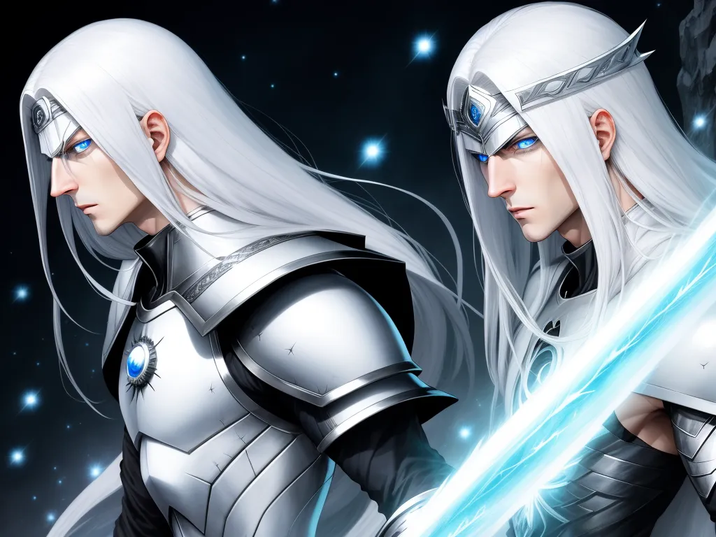 two white haired men in armor holding swords in their hands and staring at the camera with a star in the background, by Sailor Moon