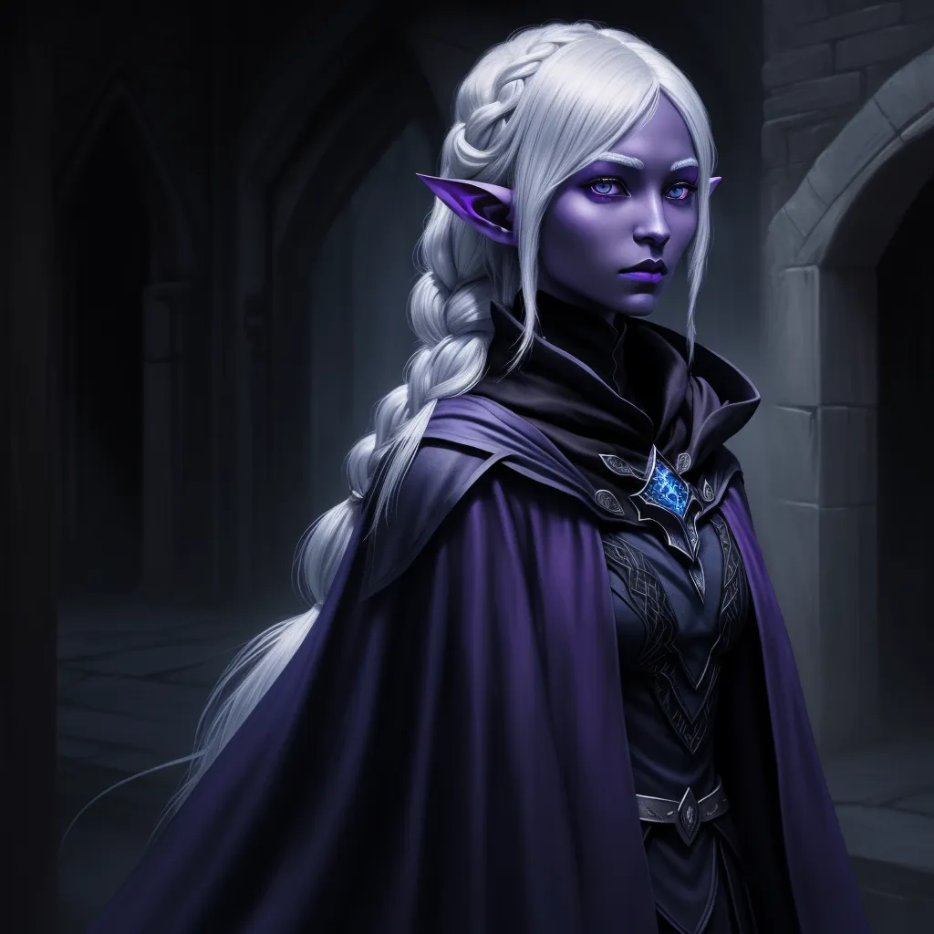 a woman with white hair and a blue dress and a purple cape and braid is standing in a dark alley, by Lois van Baarle