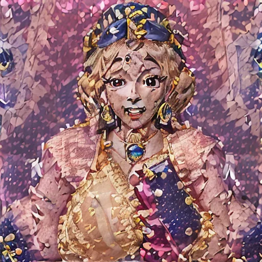 a painting of a woman wearing a costume and a tiara with a smile on her face and hands, by Hirohiko Araki