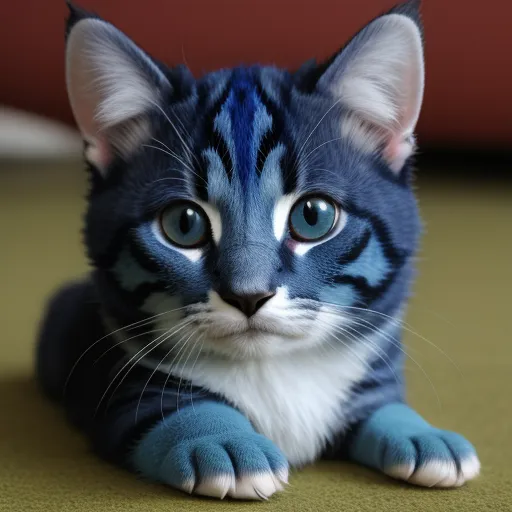 a blue and white cat with blue eyes laying on a floor with a red wall behind it and a red wall behind it, by Studio Ghibli