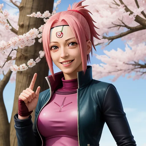 increasing photo resolution - a cartoon character with pink hair pointing to the side with a tree in the background with pink flowers in bloom, by Toei Animations