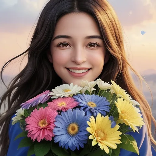 change photo resolution - a woman holding a bouquet of flowers in her hands and smiling at the camera with a sky background and clouds, by Chen Daofu