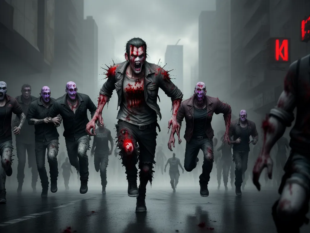 change picture resolution - a group of zombies walking down a street in a city with red lights on their faces and blood on their hands, by Hendrik van Steenwijk I