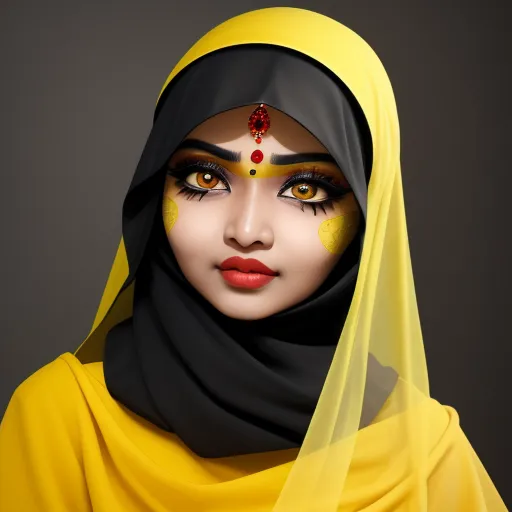 a woman with a veil and a yellow outfit on her head and a red lip and eyeliner on her face, by Daniela Uhlig