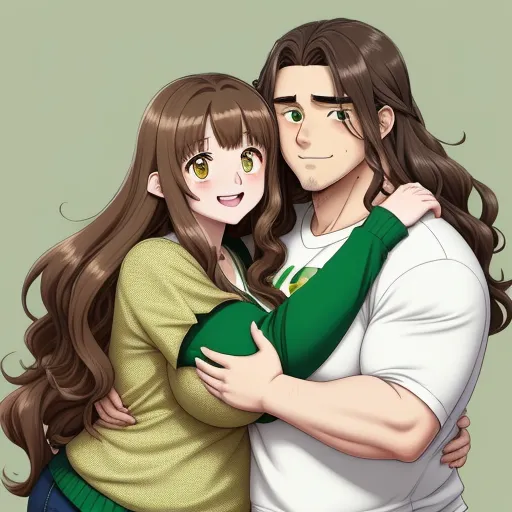 4k quality picture converter - a couple hugging each other with long hair and green eyes, and a green sweater on their shoulders,, by Gatōken Shunshi