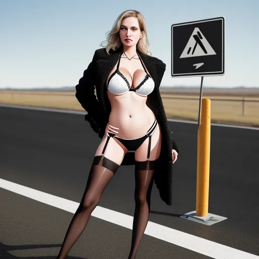 ai image upscaling - a woman in lingerie and stockings standing next to a sign on a road with a sky background and a road sign, by Hendrik van Steenwijk I