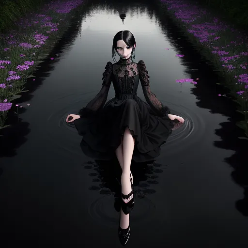 a woman in a black dress is sitting in a pond of water with purple flowers in the background and a black background, by Bella Kotak