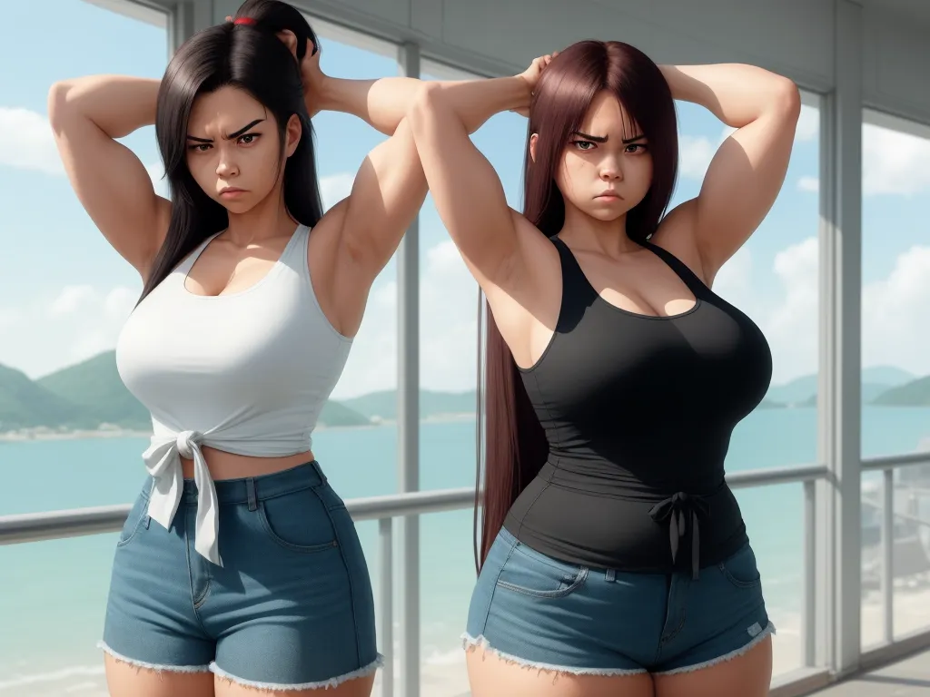 ai generated images from text - two women in short shorts and tank tops standing next to each other near a window with a view of the ocean, by Terada Katsuya