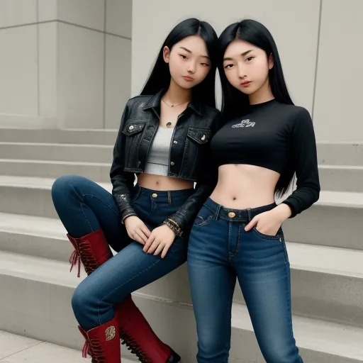 two asian women are posing for a picture together on the steps of a building with their hands on their hipss, by Chen Daofu