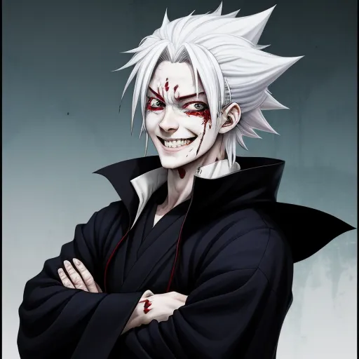 a man with white hair and red eyes wearing a black outfit with a hoodie and a black cape, by Baiōken Eishun