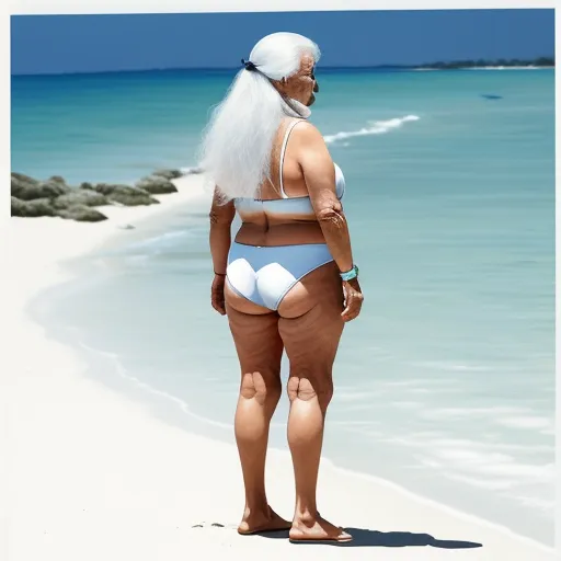 a woman in a bikini standing on a beach next to the ocean with a long white hair and a white beard, by Joel Sternfeld