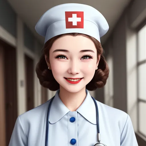 a cartoon nurse is smiling for the camera while wearing a stethoscope on her head and a red cross on her chest, by Chen Daofu