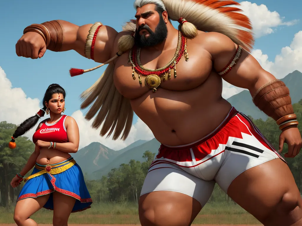 image to 4k - a woman in a red top and a man in a white skirt are standing in front of a large statue, by Kent Monkman