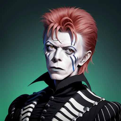 4k to 1080p converter - a man with red hair and makeup is dressed in a skeleton costume and has a black and white striped shirt, by David Bowie