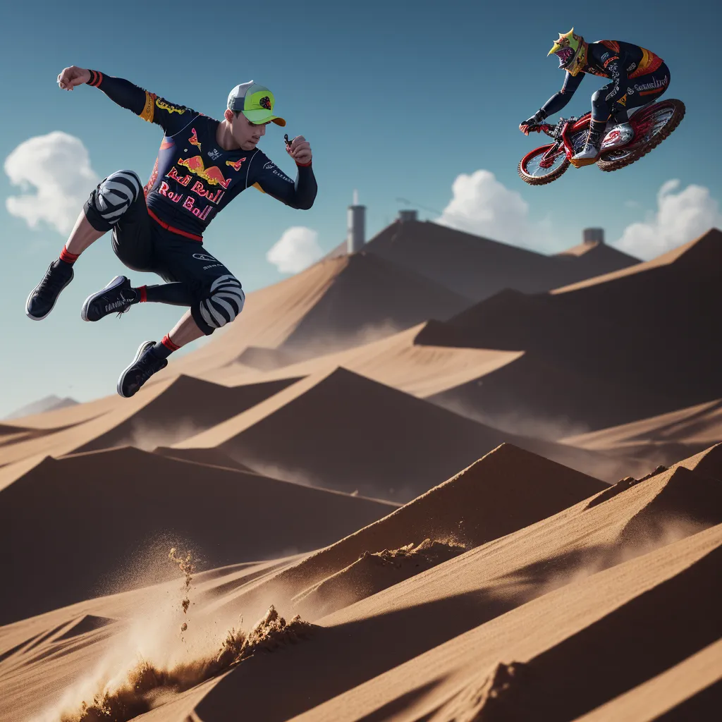 turn image to hd - a man flying through the air while riding a bike in the desert with another man on a bike behind him, by Hendrik van Steenwijk I