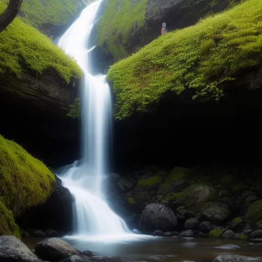 free ai text to image - a waterfall in a green valley with a person standing at the base of it and a person standing at the base of the waterfall, by Elizabeth Gadd