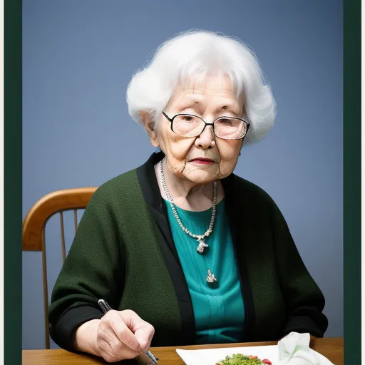 a woman sitting at a table with a plate of food in front of her and a pen in her hand, by Hirohiko Araki