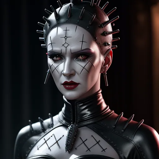 4k photos converter - a woman with spiked hair and a black outfit with spikes on her head and a cross pattern on her chest, by Terada Katsuya