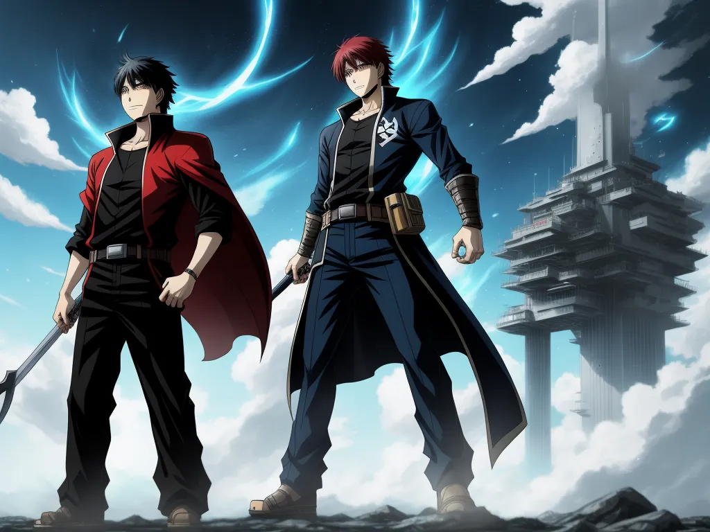 high res images - two anime characters standing in front of a tower with a sky background and clouds behind them, one holding a sword, by Toei Animations