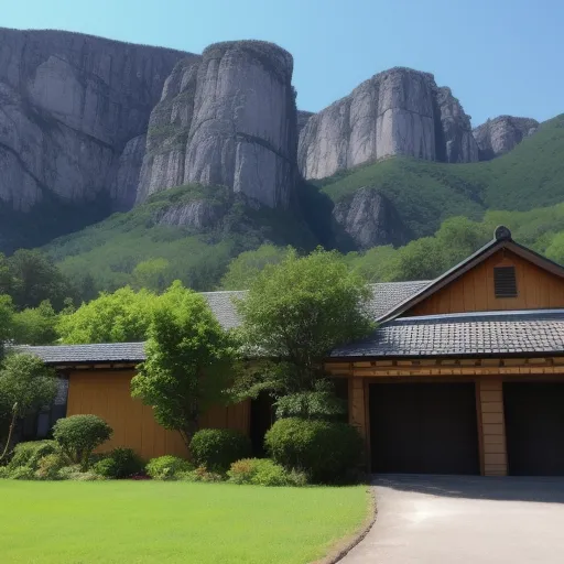 a house with a mountain in the background and a road leading to it with a driveway in front of it, by Emperor Huizong of Song