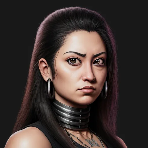 a woman with a choker and hoop earrings on her neck and a black background with a black background, by Lois van Baarle