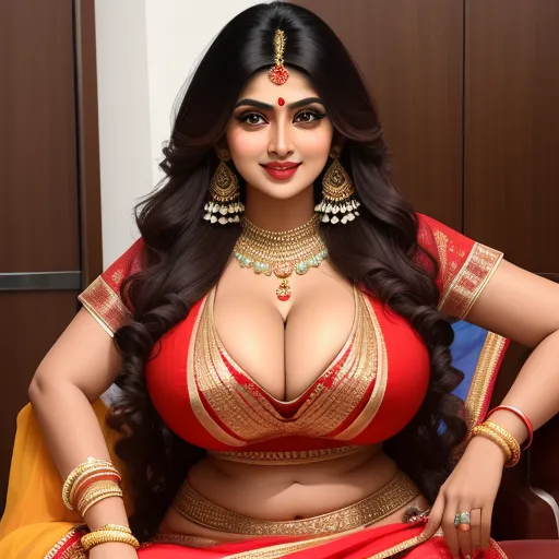 text image generator ai - a woman in a red and gold outfit posing for a picture with her hands on her hips and her breasts exposed, by Raja Ravi Varma