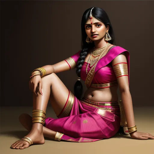 text to photo ai - a woman in a pink sari sitting on the ground with her legs crossed and her hand on her hip, by Raja Ravi Varma