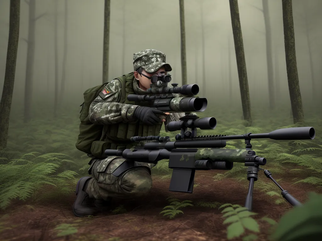 a man in camouflage with a rifle in a forest with foggy trees and ferns on the ground,, by NHK Animation