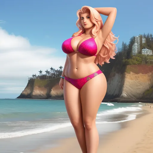 best ai picture generator - a woman in a pink bikini standing on a beach next to the ocean with a cliff in the background, by Terada Katsuya