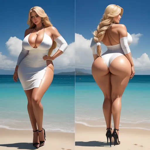 ai generator image - a woman in a white dress standing on a beach next to the ocean and posing for a picture with her butt showing, by Sailor Moon