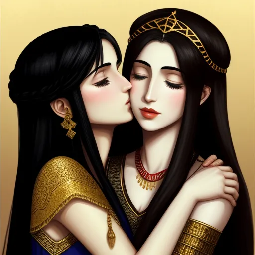 two women are hugging each other with their heads touching each other's shoulders and wearing gold jewelry and earrings, by Lois van Baarle