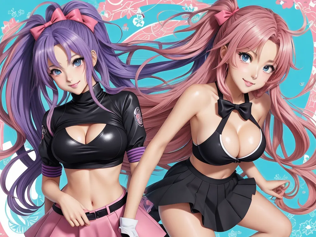 two anime girls with pink hair and black bras and black bra tops, one with pink hair and one with blue eyes, by Hanabusa Itchō