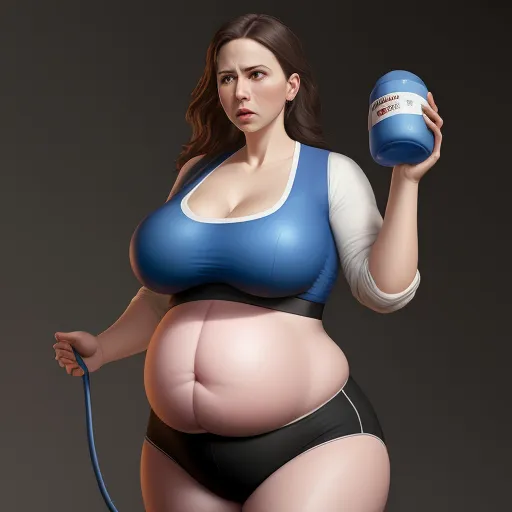 a woman in a blue top holding a blue bottle and a hose in her hand and a black and white shirt on, by Botero