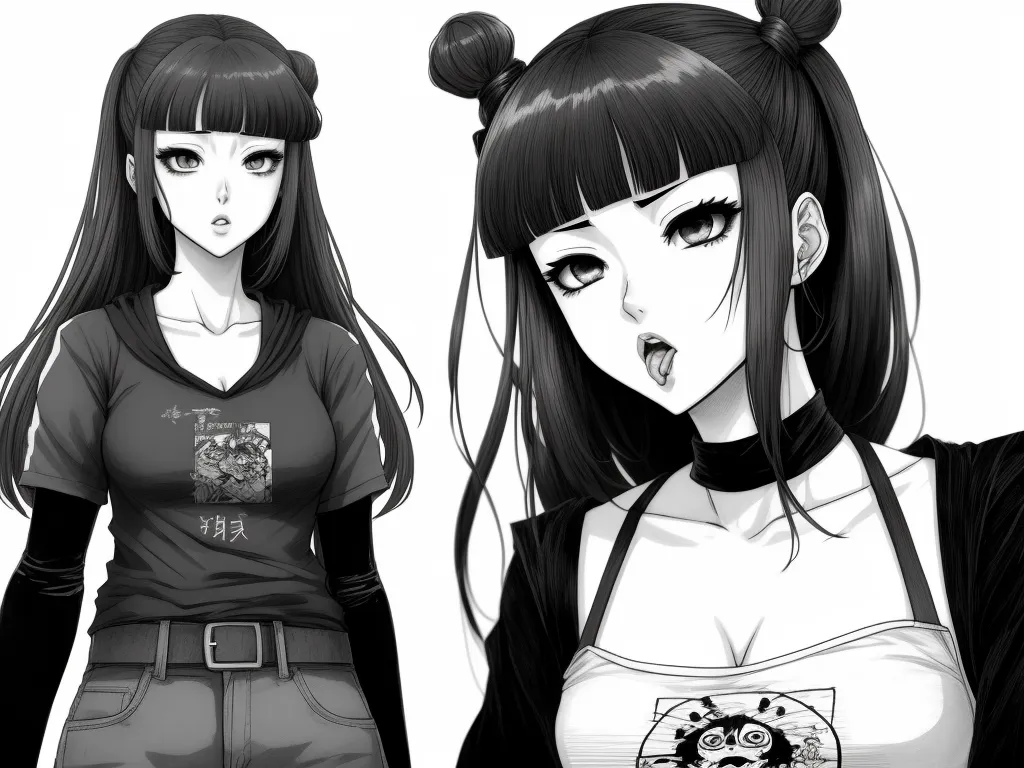 high resolution image - two anime girls with long hair and black hair, one with a ponytail and one with a bow tie, by Hirohiko Araki