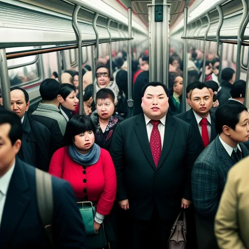 a group of people standing on a subway train together, all wearing suits and ties, all looking up, by Elizabeth Gadd