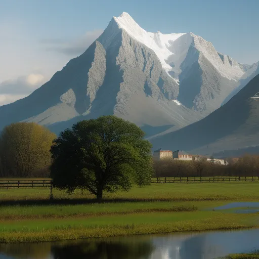 a large mountain with a house in the distance and a lake in front of it with a fence in the foreground, by Peter Holme III