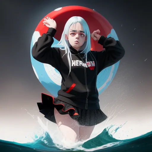 low quality picture - a woman with white hair and blue hair standing in the water with a life preserver behind her back, by Daniela Uhlig