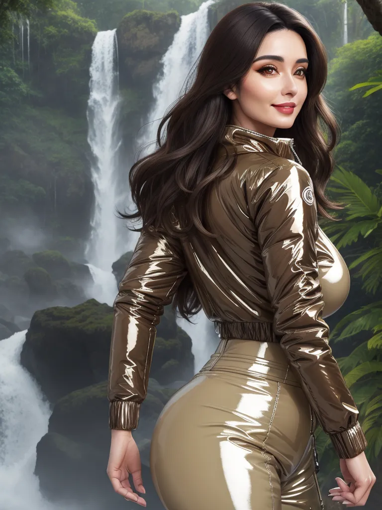image ai generator from text - a woman in a shiny gold outfit standing in front of a waterfall with a waterfall behind her and a forest, by Kent Monkman