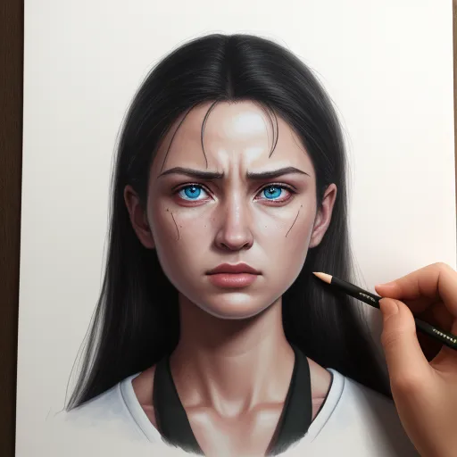 a drawing of a woman with blue eyes and a black shirt on, holding a pencil in her hand, by Lois van Baarle
