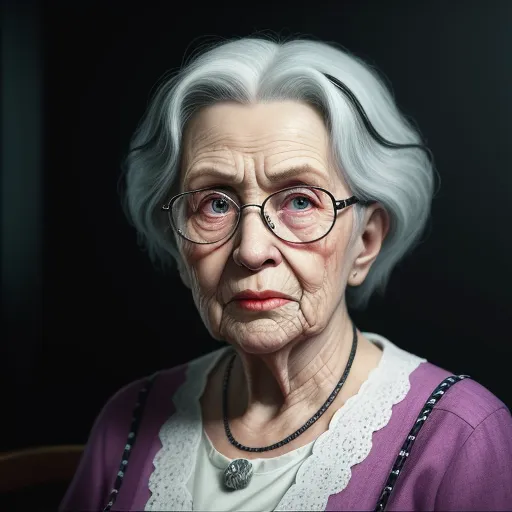 a woman with glasses and a necklace on her neck is looking at the camera with a serious look on her face, by Gottfried Helnwein