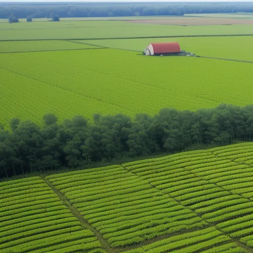 a large field of green grass with a red barn in the distance and a red barn in the distance, by Andreas Gursky