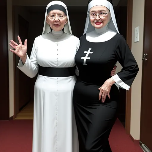 two women dressed in nun costumes posing for a picture together in a hallway with red carpeting and a red carpet, by Kent Monkman