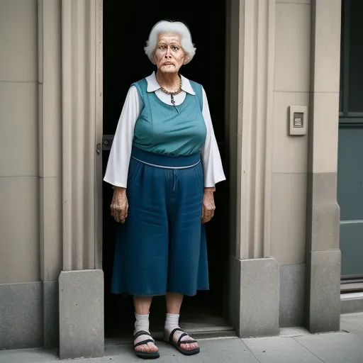 high resolution images - a woman standing in a doorway with her hands in her pockets and her eyes closed, wearing a blue dress and sandals, by Alec Soth
