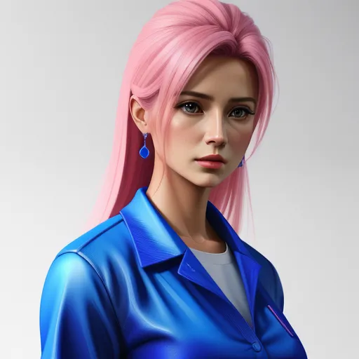 text to illustration ai - a woman with pink hair and blue shirt on a white background with a blue background and a blue shirt on the left side of her face, by Akira Toriyama