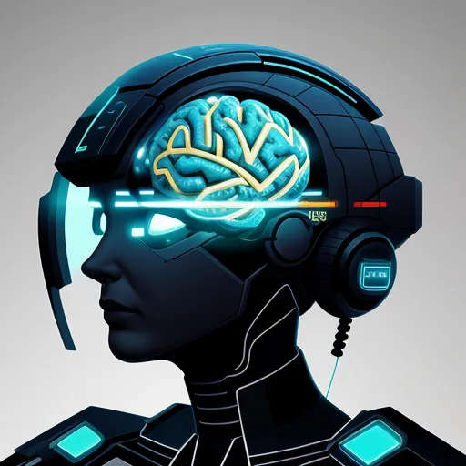 a robot with headphones and a glowing brain in the middle of his head is shown in this illustration, by Kilian Eng