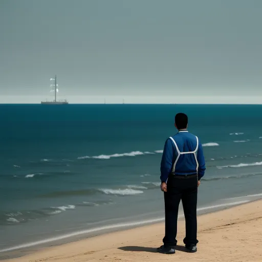 text-to-image ai - a man standing on a beach looking out at the ocean and a ship in the distance in the distance, by Akos Major