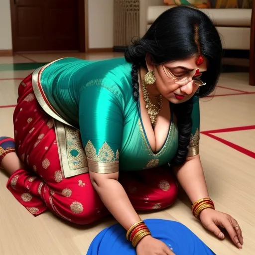 ai generated images from text - a woman in a green sari is doing something on the floor with a blue circle on the floor, by Raja Ravi Varma