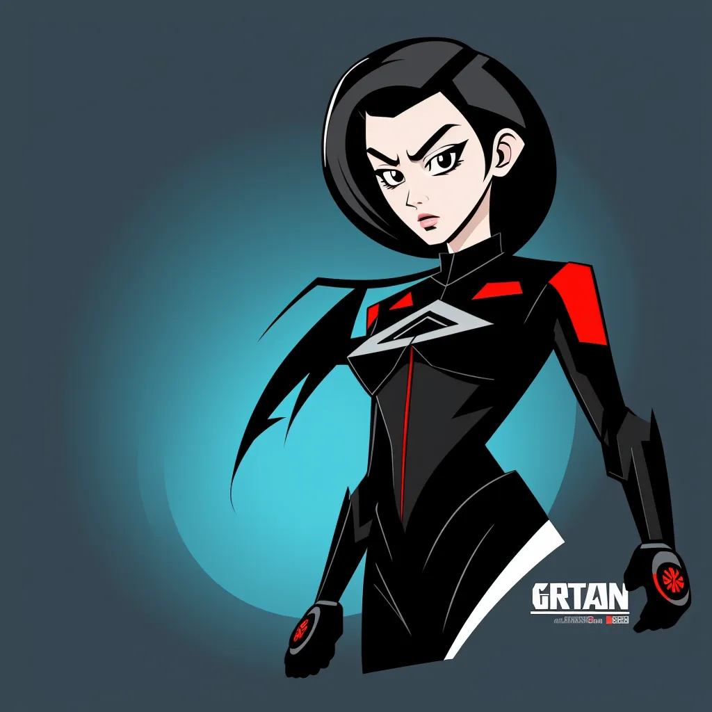 a cartoon character with a black and red outfit and a red and white belted top and black pants, by Genndy Tartakovsky
